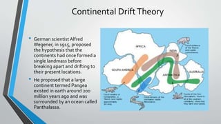 Continental DriftTheory
• German scientist Alfred
Wegener, in 1915, proposed
the hypothesis that the
continents had once formed a
single landmass before
breaking apart and drifting to
their present locations.
• He proposed that a large
continent termed Pangea
existed in earth around 200
million years ago and was
surrounded by an ocean called
Panthalassa.
 