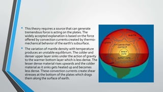 • This theory requires a source that can generate
tremendous force is acting on the plates.The
widely accepted explanation is based on the force
offered by convection currents created by thermo-
mechanical behavior of the earth’s subsurface.
• The variation of mantle density with temperature
produces an unstable equilibrium.The colder and
denser upper layer sinks under the action of gravity
to the warmer bottom layer which is less dense.The
lesser dense material rises upwards and the colder
material as it sinks gets heated up and becomes
less dense.These convection currents create shear
stresses at the bottom of the plates which drags
them along the surface of earth.
 