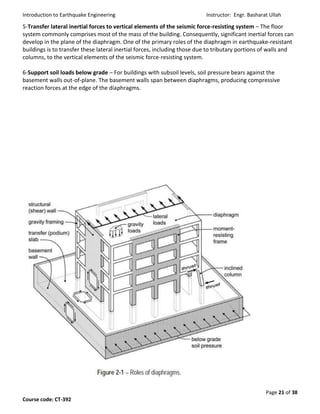 Introduction to Earthquake Engineering Instructor: Engr. Basharat Ullah
Page 21 of 38
Course code: CT-392
5-Transfer lateral inertial forces to vertical elements of the seismic force-resisting system – The floor
system commonly comprises most of the mass of the building. Consequently, significant inertial forces can
develop in the plane of the diaphragm. One of the primary roles of the diaphragm in earthquake-resistant
buildings is to transfer these lateral inertial forces, including those due to tributary portions of walls and
columns, to the vertical elements of the seismic force-resisting system.
6-Support soil loads below grade – For buildings with subsoil levels, soil pressure bears against the
basement walls out-of-plane. The basement walls span between diaphragms, producing compressive
reaction forces at the edge of the diaphragms.
 