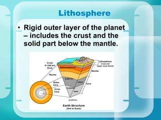 Lithosphere Rigid outer layer of the planet – includes the crust and the solid part below the mantle. 