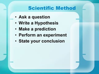 Scientific Method Ask a question Write a Hypothesis Make a prediction Perform an experiment State your conclusion 