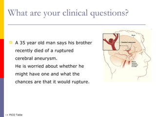 What are your clinical questions?
 A 35 year old man says his brother
recently died of a ruptured
cerebral aneurysm.
He is worried about whether he
might have one and what the
chances are that it would rupture.
-> PICO Table
 