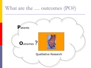 What are the … outcomes (PO?)
Outcomes ?
Patients
Qualitative Research
 