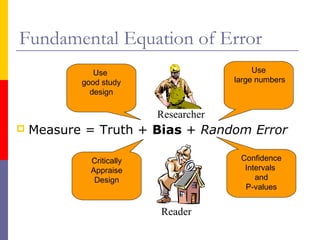 Fundamental Equation of Error
 Measure = Truth + Bias + Random Error
Use
good study
design
Use
large numbers
Researcher
Critically
Appraise
Design
Confidence
Intervals
and
P-values
Reader
 