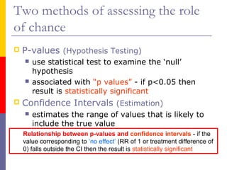 Two methods of assessing the role
of chance
 P-values (Hypothesis Testing)
 use statistical test to examine the ‘null’
hypothesis
 associated with “p values” - if p<0.05 then
result is statistically significant
 Confidence Intervals (Estimation)
 estimates the range of values that is likely to
include the true value
Relationship between p-values and confidence intervals - if the
value corresponding to ‘no effect’ (RR of 1 or treatment difference of
0) falls outside the CI then the result is statistically significant
 