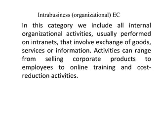 Intrabusiness (organizational) EC
In this category we include all internal
organizational activities, usually performed
on intranets, that involve exchange of goods,
services or information. Activities can range
from selling corporate products to
employees to online training and cost-
reduction activities.
 