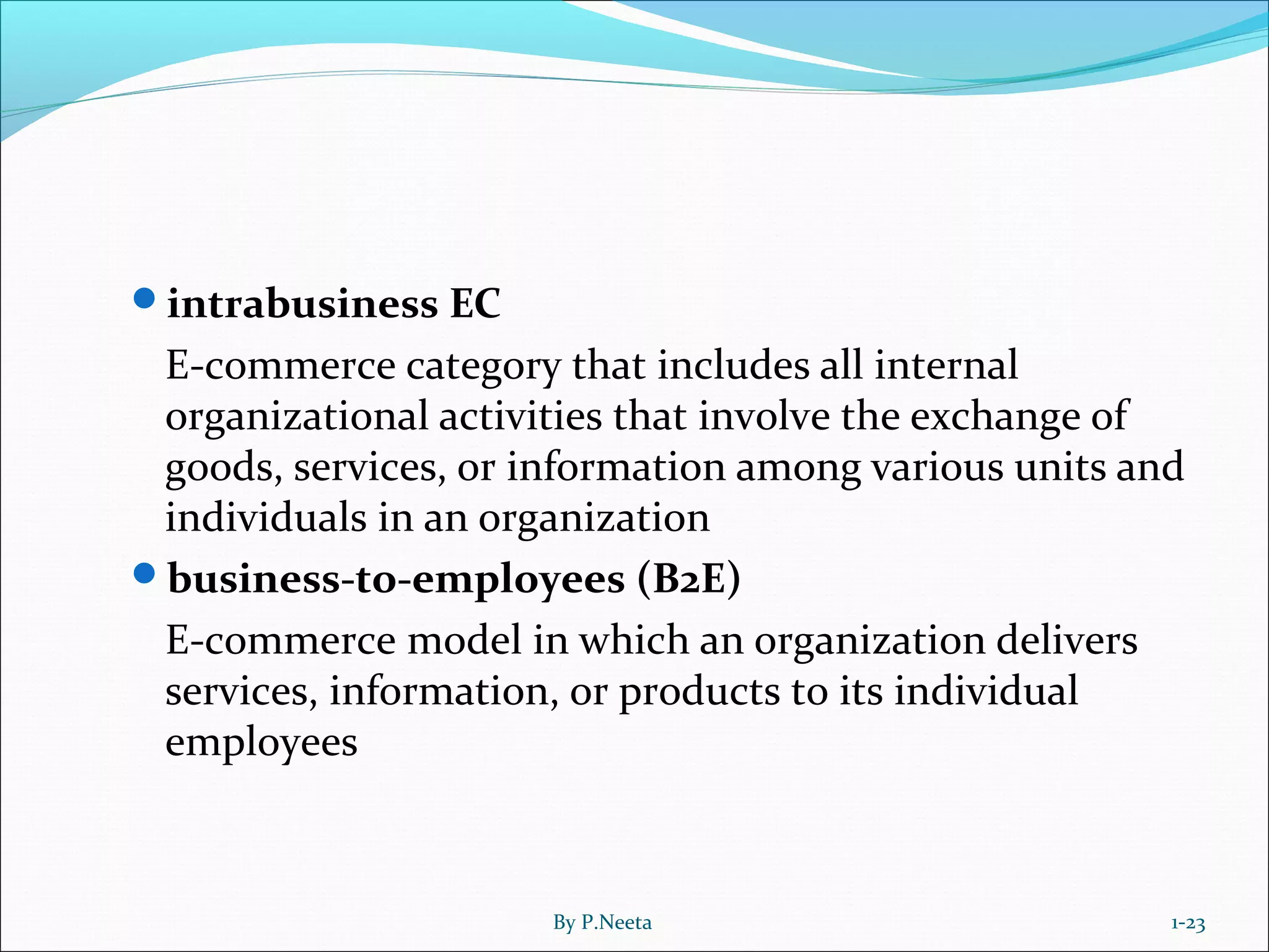 intrabusiness EC
E-commerce category that includes all internal
organizational activities that involve the exchange of
goods, services, or information among various units and
individuals in an organization
business-to-employees (B2E)
E-commerce model in which an organization delivers
services, information, or products to its individual
employees
1-23By P.Neeta
 