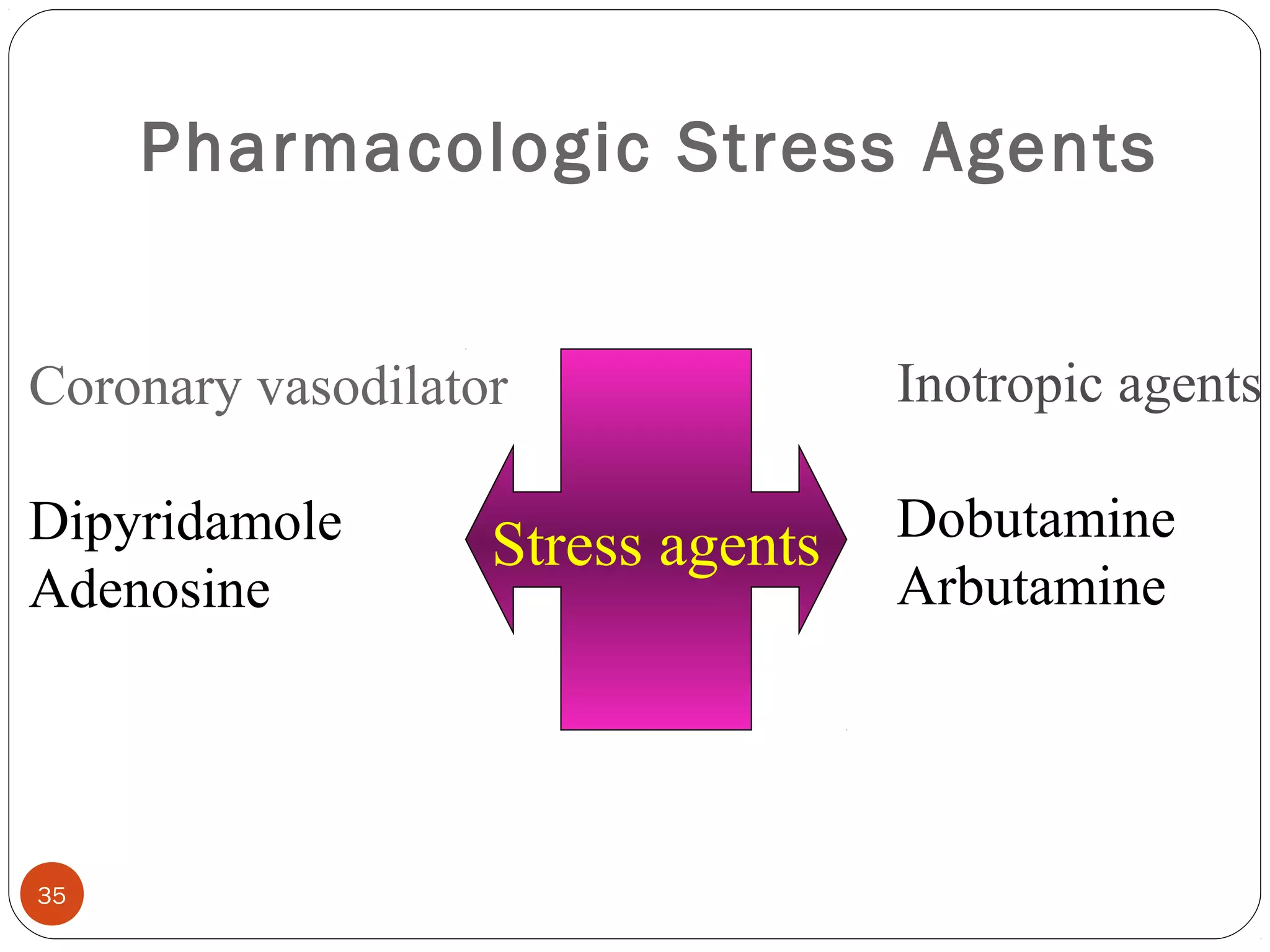 Pharmacologic Stress Agents 
Coronary vasodilator 
Dipyridamole 
Adenosine 
35 
Stress agents 
Inotropic agents 
Dobutamine 
Arbutamine 
 