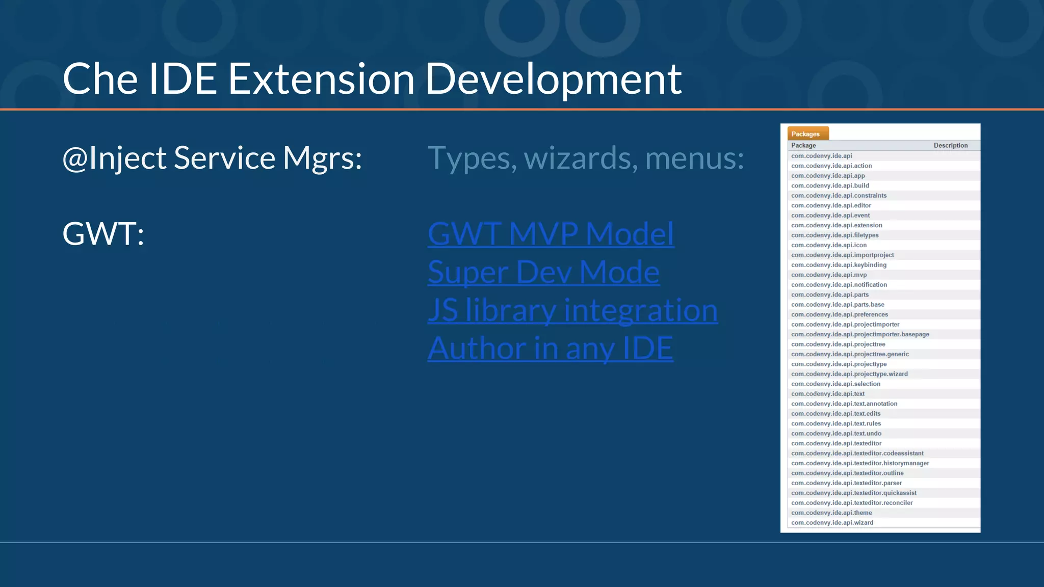 Che IDE Extension Development
@Inject Service Mgrs: Types, wizards, menus:
GWT: GWT MVP Model
Super Dev Mode
JS library integration
Author in any IDE
 