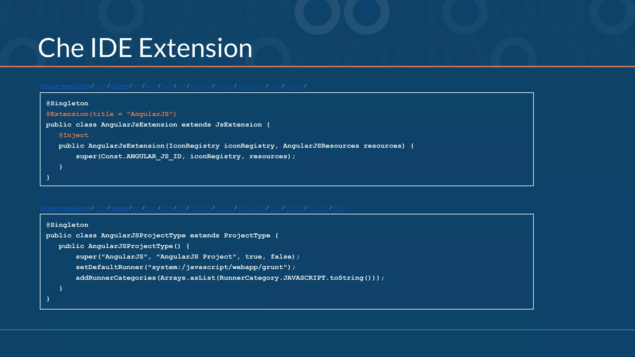 Che IDE Extension
@Singleton
public class AngularJSProjectType extends ProjectType {
public AngularJSProjectType() {
super("AngularJS", "AngularJS Project", true, false);
setDefaultRunner("system:/javascript/webapp/grunt");
addRunnerCategories(Arrays.asList(RunnerCategory.JAVASCRIPT.toString()));
}
}
@Singleton
@Extension(title = "AngularJS")
public class AngularJsExtension extends JsExtension {
@Inject
public AngularJsExtension(IconRegistry iconRegistry, AngularJSResources resources) {
super(Const.ANGULAR_JS_ID, iconRegistry, resources);
}
}
plugin-angularjs/core/client/src/main/java/com/codenvy/plugin/angularjs/core/client/
plugin-angularjs/core/server/src/main/java/com/codenvy/plugin/angularjs/core/server/project/type
 