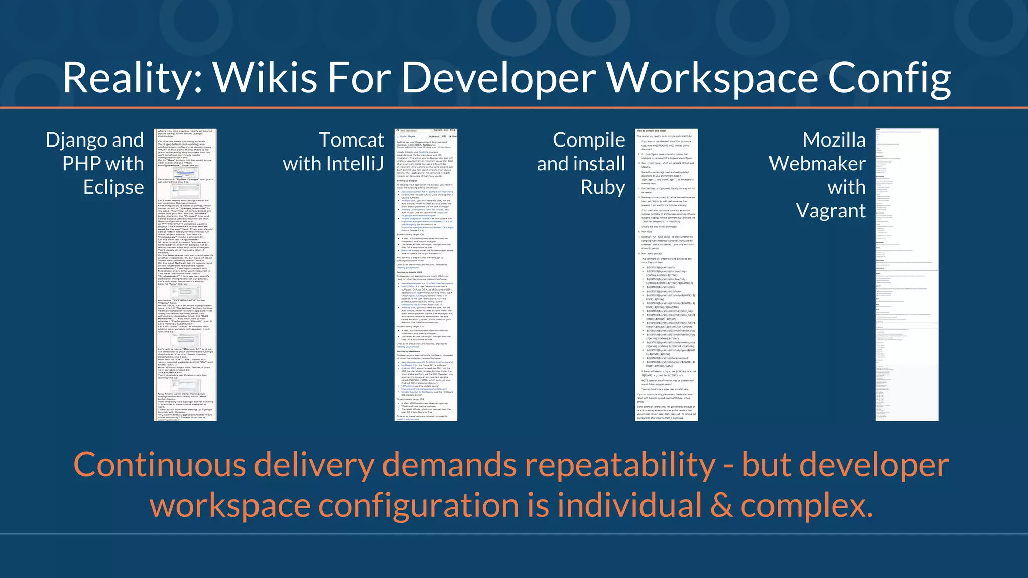Reality: Wikis For Developer Workspace Config
Django and
PHP with
Eclipse
Tomcat
with IntelliJ
Compile
and install
Ruby
Mozilla
Webmaker
with
Vagrant
Continuous delivery demands repeatability - but developer
workspace configuration is individual & complex.
 