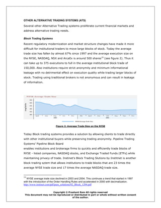 OTHER ALTERNATIVE TRADING SYSTEMS (ATS)

Several other Alternative Trading systems proliferate current financial markets and
address alternative trading needs.

Block Trading Systems

Recent regulatory modernization and market structure changes have made it more
difficult for institutional traders to move large blocks of stock. Today the average
trade size has fallen by almost 67% since 1997 and the average execution size on
the NYSE, NASDAQ, NSX and ArcaEx is around 500 shares19 (see figure 2). Thus it
can take up to 375 executions to full in the average institutional block trade of
150,000. Also institutions require strict anonymity and minimum informational
leakage with no detrimental effect on execution quality while trading larger blocks of
stock. Trading using traditional brokers is not anonymous and can result in leakage
of information.




                            Figure 2: Average Trade Size on the NYSE


Today Block trading systems provides a solution by allowing clients to trade directly
with other institutional buyers while preserving trading anonymity. Pipeline Trading
Systems’ Pipeline Block Board
enables institutions and brokerage firms to quickly and efficiently trade blocks of
NYSE - listed companies, NASDAQ stocks, and Exchange Traded Funds (ETFs).while
maintaining privacy of trade. Instinet’s Block Trading Slutions by Institnet is another
block trading sytem that allows institutions to trade blocks that are 23 times the
average NYSE trade size and 17 times the average NASDAQ trade size.


19
   NYSE average trade size declined in 2003 and 2004. This continues a trend that started in 1997
with the introduction of the Order Handling Rules and accelerated in 2000 with decimalization.
http://www.instinet.com/pdf/pure_solutions/02_Block_1204.pdf

                       Copyright © Prashant Ram All rights reserved
 This document may not be reproduced or distributed in part or whole without written consent
                                      of the author.
 