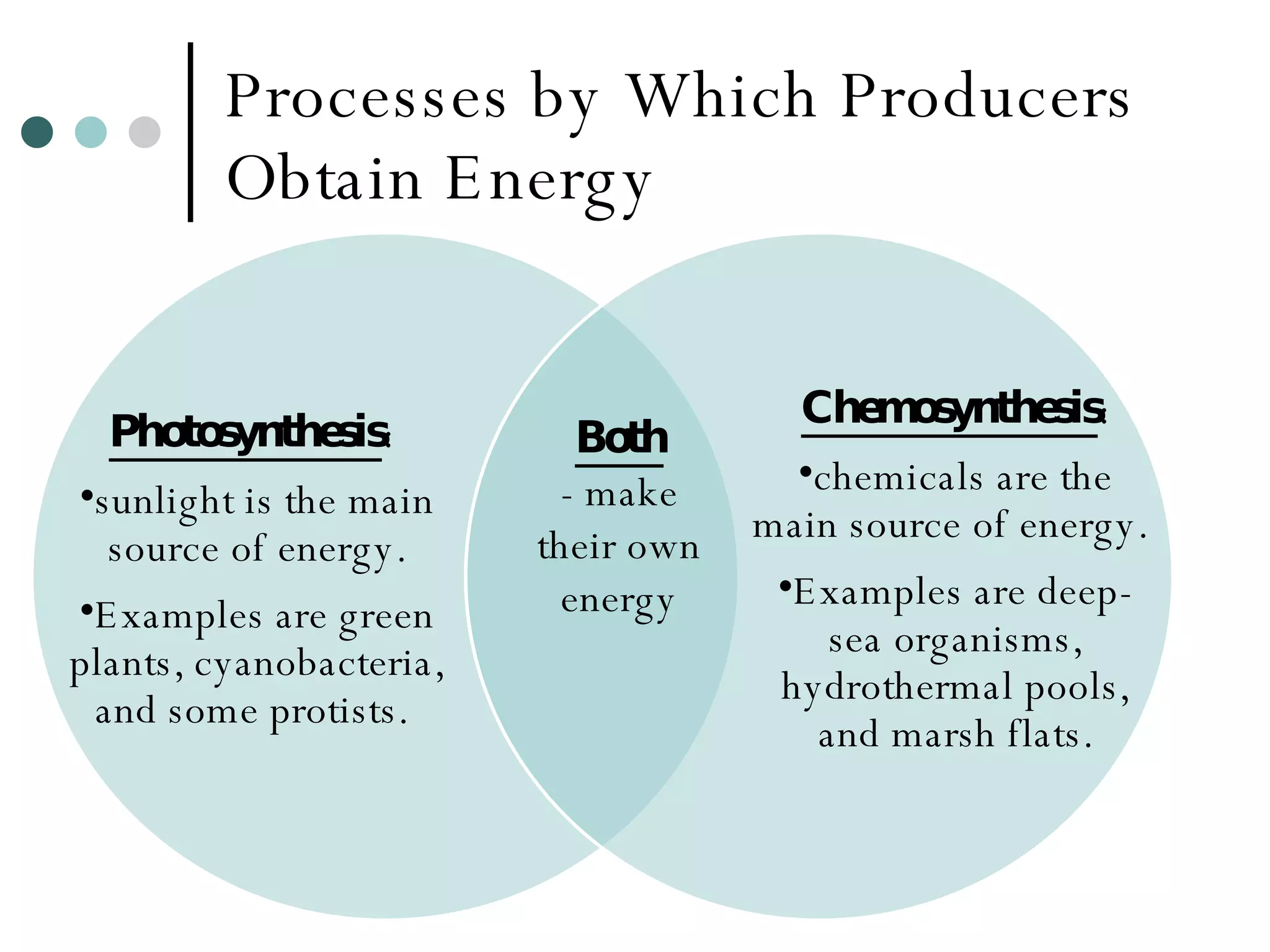 Processes by Which Producers Obtain Energy Photosynthesis :  sunlight is the main source of energy. Examples are green plants, cyanobacteria, and some protists.  Chemosynthesis : chemicals are the main source of energy.  Examples are deep-sea organisms, hydrothermal pools, and marsh flats. Both - make their own energy 