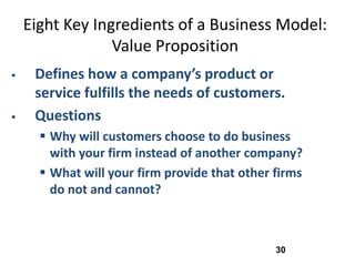 Eight Key Ingredients of a Business Model:
                 Value Proposition
    Defines how a company’s product or
     service fulfills the needs of customers.
    Questions
       Why will customers choose to do business
        with your firm instead of another company?
       What will your firm provide that other firms
        do not and cannot?



                                               30
 