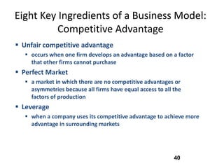 Eight Key Ingredients of a Business Model:
          Competitive Advantage
 Unfair competitive advantage
   occurs when one firm develops an advantage based on a factor
    that other firms cannot purchase
 Perfect Market
   a market in which there are no competitive advantages or
    asymmetries because all firms have equal access to all the
    factors of production
 Leverage
   when a company uses its competitive advantage to achieve more
    advantage in surrounding markets




                                                           40
 