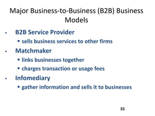 Major Business-to-Business (B2B) Business
                     Models
    B2B Service Provider
       sells business services to other firms
    Matchmaker
       links businesses together
       charges transaction or usage fees
    Infomediary
       gather information and sells it to businesses


                                                 53
 