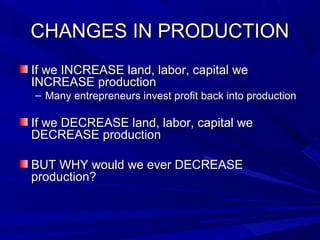 CHANGES IN PRODUCTION
If we INCREASE land, labor, capital we
INCREASE production
– Many entrepreneurs invest profit back into production

If we DECREASE land, labor, capital we
DECREASE production

BUT WHY would we ever DECREASE
production?
 