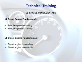  ENGINE FUNDAMENTALS

 Petrol Engine Fundamentals:

•   Petrol engine dismantling
•   Petrol engine reassembly



 Diesel Engine Fundamentals:

•   Diesel engine dismantling
•   Diesel engine reassembly
 