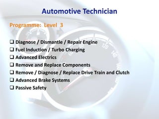 Programme: Level 3

 Diagnose / Dismantle / Repair Engine
 Fuel Induction / Turbo Charging
 Advanced Electrics
 Remove and Replace Components
 Remove / Diagnose / Replace Drive Train and Clutch
 Advanced Brake Systems
 Passive Safety
 