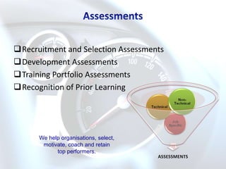 Recruitment and Selection Assessments
Development Assessments
Training Portfolio Assessments
Recognition of Prior Learning




      We help organisations, select,
       motivate, coach and retain
            top performers.
 