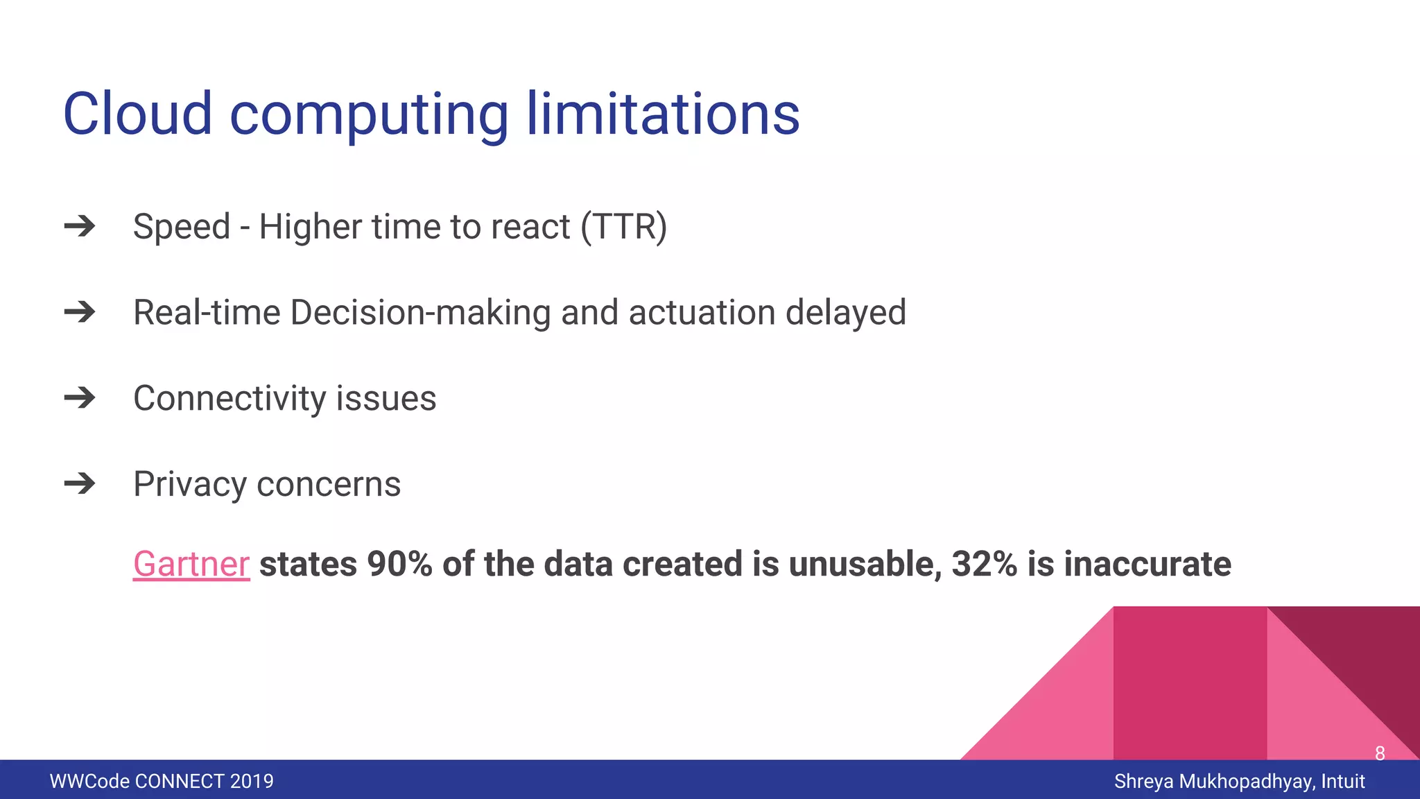 WWCode CONNECT 2019 Shreya Mukhopadhyay, Intuit
Cloud computing limitations
➔ Speed - Higher time to react (TTR)
➔ Real-time Decision-making and actuation delayed
➔ Connectivity issues
➔ Privacy concerns
Gartner states 90% of the data created is unusable, 32% is inaccurate
8
 