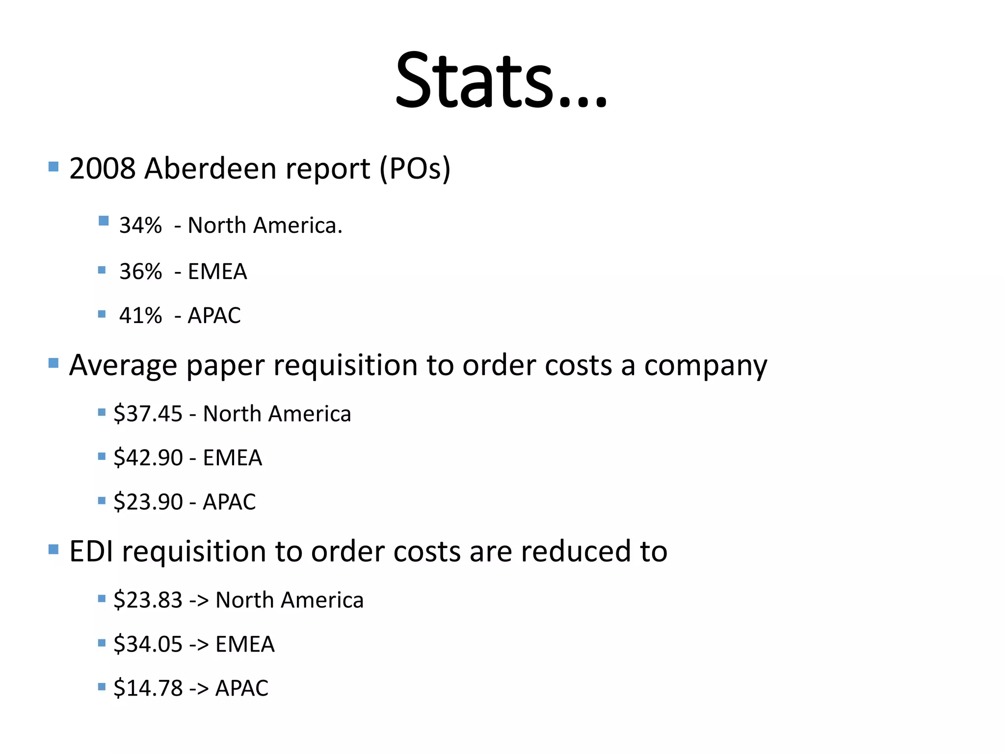 Internal
Stats…
 2008 Aberdeen report (POs)
 34% - North America.
 36% - EMEA
 41% - APAC
 Average paper requisition to order costs a company
 $37.45 - North America
 $42.90 - EMEA
 $23.90 - APAC
 EDI requisition to order costs are reduced to
 $23.83 -> North America
 $34.05 -> EMEA
 $14.78 -> APAC
 