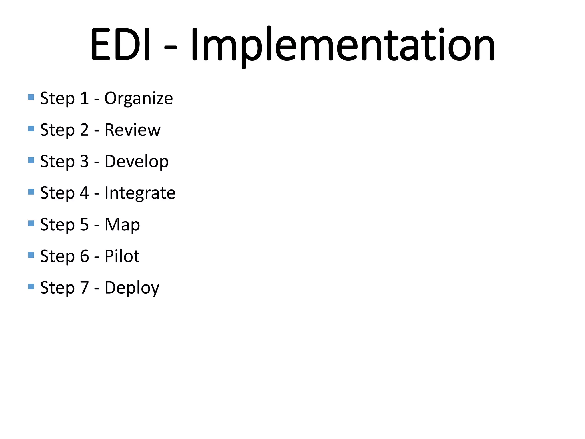 Internal
EDI - Implementation
 Step 1 - Organize
 Step 2 - Review
 Step 3 - Develop
 Step 4 - Integrate
 Step 5 - Map
 Step 6 - Pilot
 Step 7 - Deploy
 