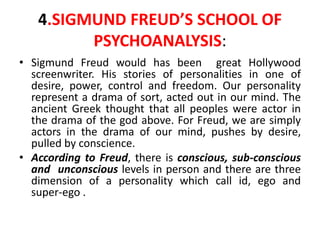 4.SIGMUND FREUD’S SCHOOL OF
PSYCHOANALYSIS:
• Sigmund Freud would has been great Hollywood
screenwriter. His stories of personalities in one of
desire, power, control and freedom. Our personality
represent a drama of sort, acted out in our mind. The
ancient Greek thought that all peoples were actor in
the drama of the god above. For Freud, we are simply
actors in the drama of our mind, pushes by desire,
pulled by conscience.
• According to Freud, there is conscious, sub-conscious
and unconscious levels in person and there are three
dimension of a personality which call id, ego and
super-ego .
 