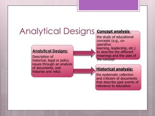 Analytical Designs Concept analysis                      :

                                  the study of educational
                                  concepts (e.g., co-
                                  operative
                                  learning, leadership, etc.)
    Analytical Designs:           to describe the different
    Description of                meanings and the uses of
    historical, legal or policy   the concept
    issues through an analysis
    of documents, oral            Historical analysis:
    histories and relics
                                  the systematic collection
                                  and criticism of documents
                                  that describe past events of
                                  relevance to education
 