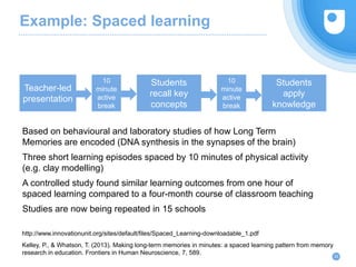 Example: Spaced learning
22
http://www.innovationunit.org/sites/default/files/Spaced_Learning-downloadable_1.pdf
Kelley, P., & Whatson, T. (2013). Making long-term memories in minutes: a spaced learning pattern from memory
research in education. Frontiers in Human Neuroscience, 7, 589.
Based on behavioural and laboratory studies of how Long Term
Memories are encoded (DNA synthesis in the synapses of the brain)
Three short learning episodes spaced by 10 minutes of physical activity
(e.g. clay modelling)
A controlled study found similar learning outcomes from one hour of
spaced learning compared to a four-month course of classroom teaching
Studies are now being repeated in 15 schools
Teacher-led
presentation
Students
recall key
concepts
10
minute
active
break
10
minute
active
break
Students
apply
knowledge
 