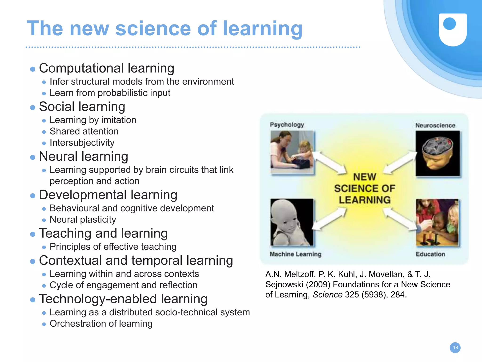 The new science of learning
● Computational learning
● Infer structural models from the environment
● Learn from probabilistic input
● Social learning
● Learning by imitation
● Shared attention
● Intersubjectivity
● Neural learning
● Learning supported by brain circuits that link
perception and action
● Developmental learning
● Behavioural and cognitive development
● Neural plasticity
● Teaching and learning
● Principles of effective teaching
● Contextual and temporal learning
● Learning within and across contexts
● Cycle of engagement and reflection
● Technology-enabled learning
● Learning as a distributed socio-technical system
● Orchestration of learning
18
A.N. Meltzoff, P. K. Kuhl, J. Movellan, & T. J.
Sejnowski (2009) Foundations for a New Science
of Learning, Science 325 (5938), 284.
 