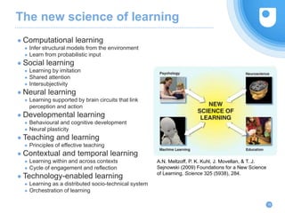 The new science of learning
● Computational learning
● Infer structural models from the environment
● Learn from probabilistic input
● Social learning
● Learning by imitation
● Shared attention
● Intersubjectivity
● Neural learning
● Learning supported by brain circuits that link
perception and action
● Developmental learning
● Behavioural and cognitive development
● Neural plasticity
● Teaching and learning
● Principles of effective teaching
● Contextual and temporal learning
● Learning within and across contexts
● Cycle of engagement and reflection
● Technology-enabled learning
● Learning as a distributed socio-technical system
● Orchestration of learning
18
A.N. Meltzoff, P. K. Kuhl, J. Movellan, & T. J.
Sejnowski (2009) Foundations for a New Science
of Learning, Science 325 (5938), 284.
 