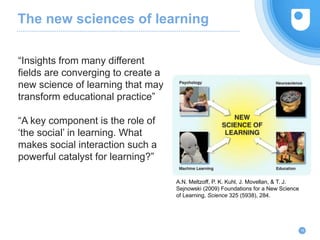 The new sciences of learning
“Insights from many different
fields are converging to create a
new science of learning that may
transform educational practice”
“A key component is the role of
‘the social’ in learning. What
makes social interaction such a
powerful catalyst for learning?”
19
A.N. Meltzoff, P. K. Kuhl, J. Movellan, & T. J.
Sejnowski (2009) Foundations for a New Science
of Learning, Science 325 (5938), 284.
 