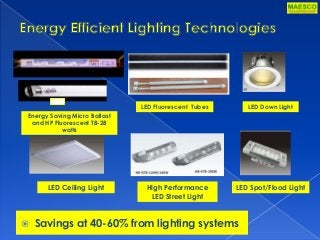  Savings at 40-60% from lighting systems
Energy Saving Micro Ballast
and HP Fluorescent T8-28
watts
LED Fluorescent Tubes LED Down Light
LED Ceiling Light High Performance
LED Street Light
LED Spot/Flood Light
 