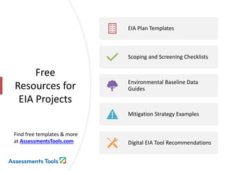 Free
Resources for
EIA Projects
EIA Plan Templates
Scoping and Screening Checklists
Environmental Baseline Data
Guides
Mitigation Strategy Examples
Digital EIA Tool Recommendations
Find free templates & more
at AssessmentsTools.com
 