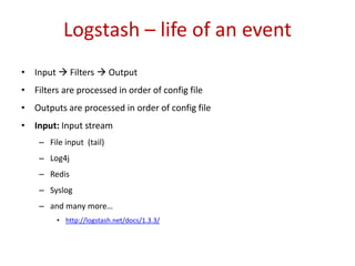 Logstash – life of an event
• Input  Filters  Output
• Filters are processed in order of config file
• Outputs are processed in order of config file
• Input: Input stream
– File input (tail)
– Log4j
– Redis
– Syslog
– and many more…
• http://logstash.net/docs/1.3.3/
 