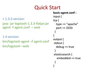 Quick Start
< 1.3.3 version:
java -jar logstash-1.3.3-flatjar.jar
agent -f agent.conf – web
1.4 version:
bin/logstash agent –f agent.conf
bin/logstash –web
basic-agent.conf :
input {
tcp {
type => "apache"
port => 3333
}
}
output {
stdout {
debug => true
}
elasticsearch {
embedded => true
}
}
 