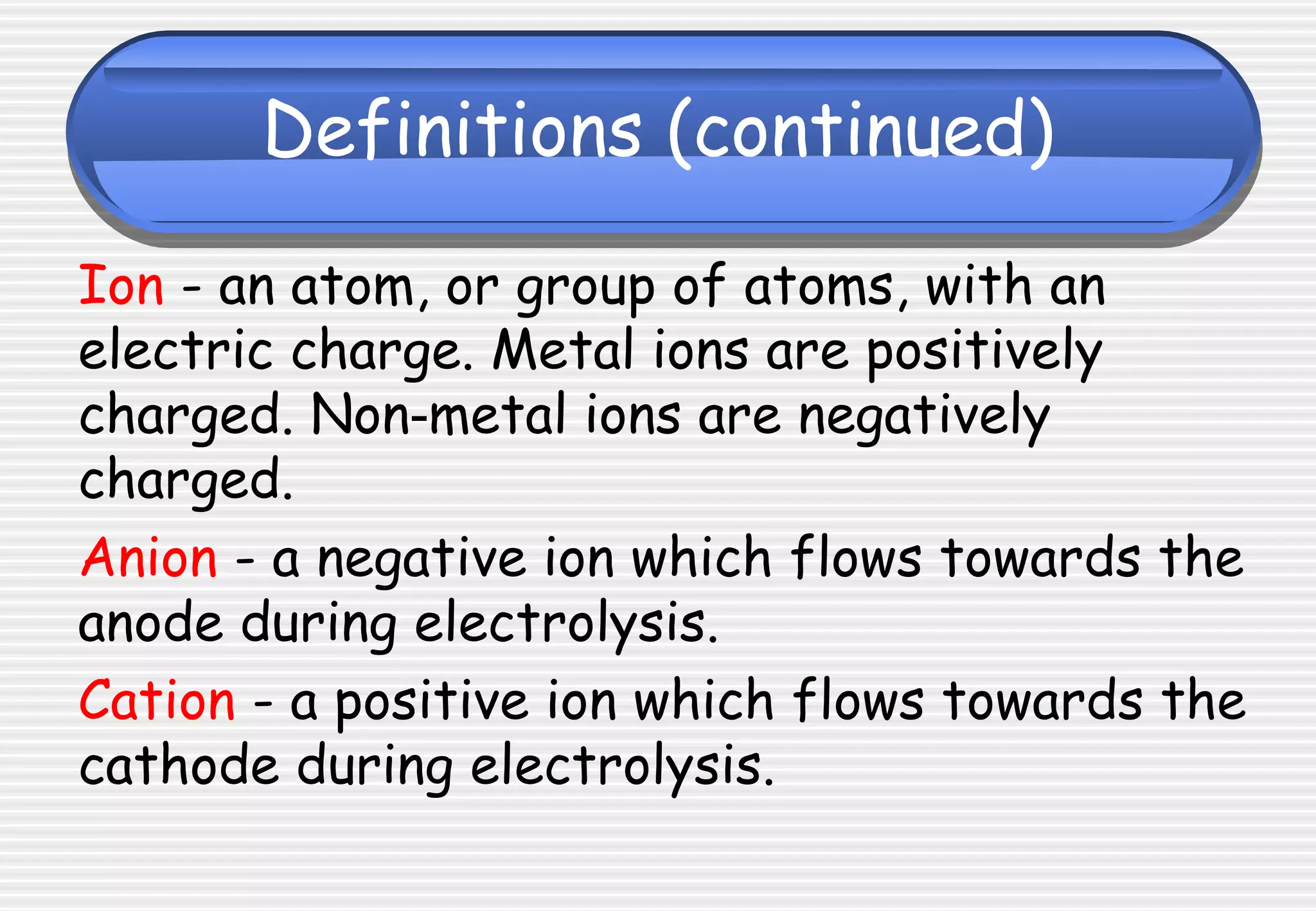 Definitions (continued)
Ion - an atom, or group of atoms, with an
electric charge. Metal ions are positively
charged. Non‑metal ions are negatively
charged.
Anion - a negative ion which flows towards the
anode during electrolysis.
Cation - a positive ion which flows towards the
cathode during electrolysis.
 