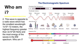Who am
i?
2. This wave is opposite to
a radio wave which has
the smallest wavelength
1x10^-12 meters, the
highest frequency greater
than 3x10^20 Hertz and
the most energy of the
waves in the EM
spectrum. Who am I?
 
