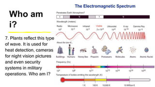 Who am
i?
7. Plants reflect this type
of wave. It is used for
heat detection, cameras
for night vision pictures
and even security
systems in military
operations. Who am I?
 