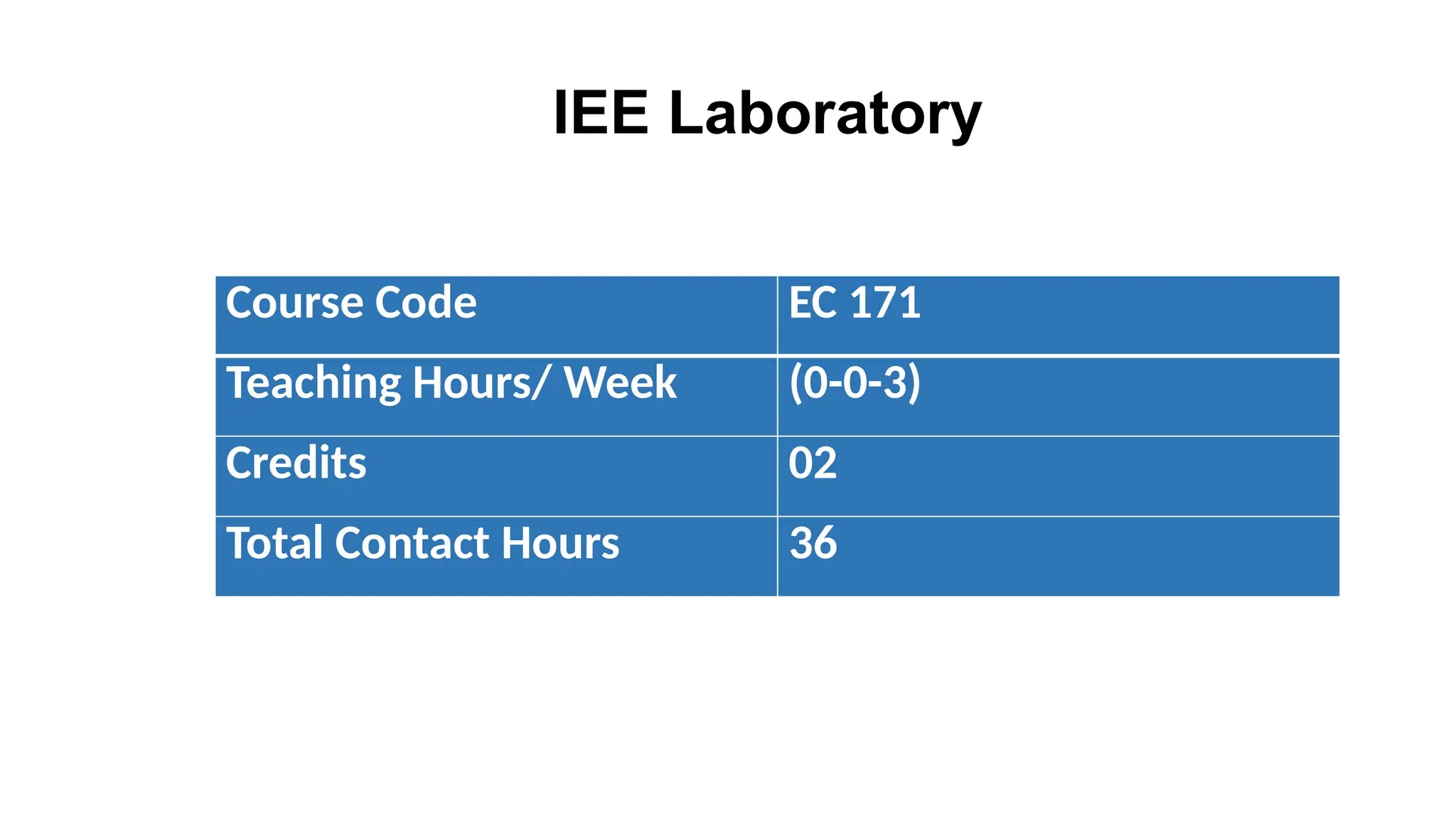 Course Code EC 171
Teaching Hours/ Week (0-0-3)
Credits 02
Total Contact Hours 36
IEE Laboratory
 