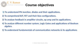 1) To understand PN Junction, diodes and their applications.
2) To comprehend BJT, FET and their bias configurations.
3) To analyze feedback in amplifier circuits, op amp and its applications.
4) To analyze different number system, Logic Gates and applications of Boolean
algebra.
5) To understand fundamentals of communication networks & its applications
Course objectives
C. V. Raman Global University, Odisha
 