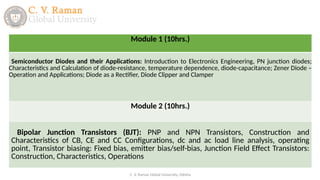 Module 1 (10hrs.)
Semiconductor Diodes and their Applications: Introduction to Electronics Engineering, PN junction diodes;
Characteristics and Calculation of diode-resistance, temperature dependence, diode-capacitance; Zener Diode –
Operation and Applications; Diode as a Rectifier, Diode Clipper and Clamper
Module 2 (10hrs.)
Bipolar Junction Transistors (BJT): PNP and NPN Transistors, Construction and
Characteristics of CB, CE and CC Configurations, dc and ac load line analysis, operating
point, Transistor biasing: Fixed bias, emitter bias/self-bias, Junction Field Effect Transistors:
Construction, Characteristics, Operations
C. V. Raman Global University, Odisha
 