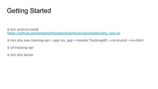 Getting Started
$ mix archive.install
https://github.com/phoenixframework/archives/raw/master/phx_new.ez
$ mix phx.new tracking-api --app my_app --module TrackingAPI --no-brunch --no-html
$ cd tracking-api
$ mix phx.server
 