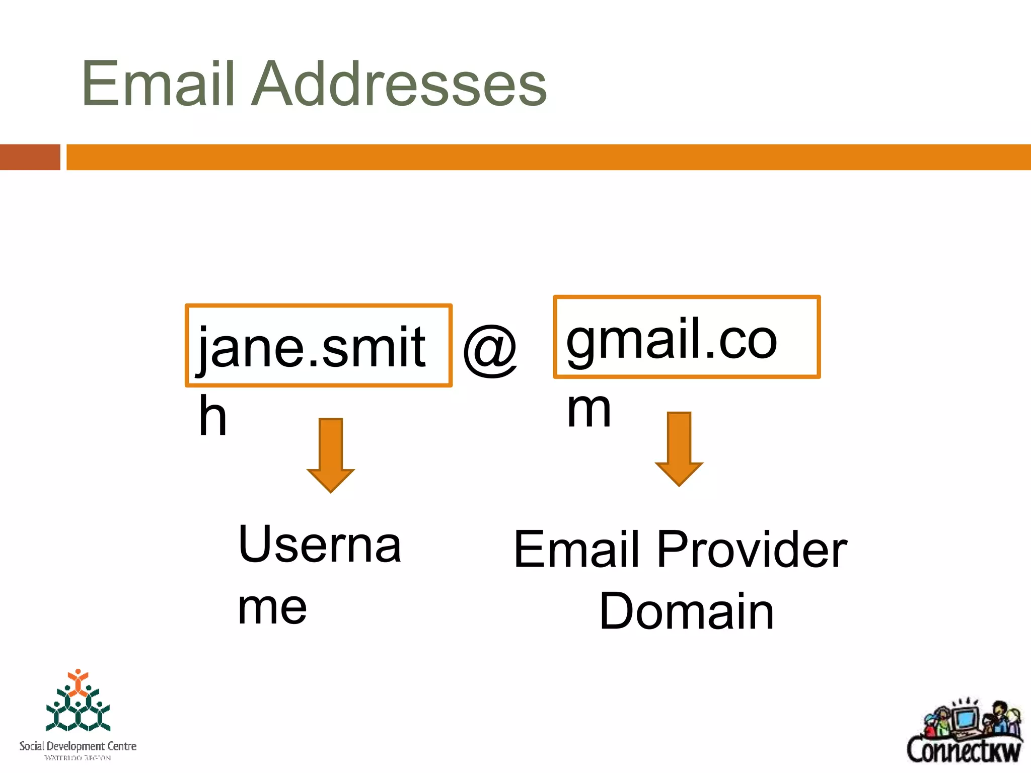 Email Addresses
jane.smit
h
Userna
me
@ gmail.co
m
Email Provider
Domain
 