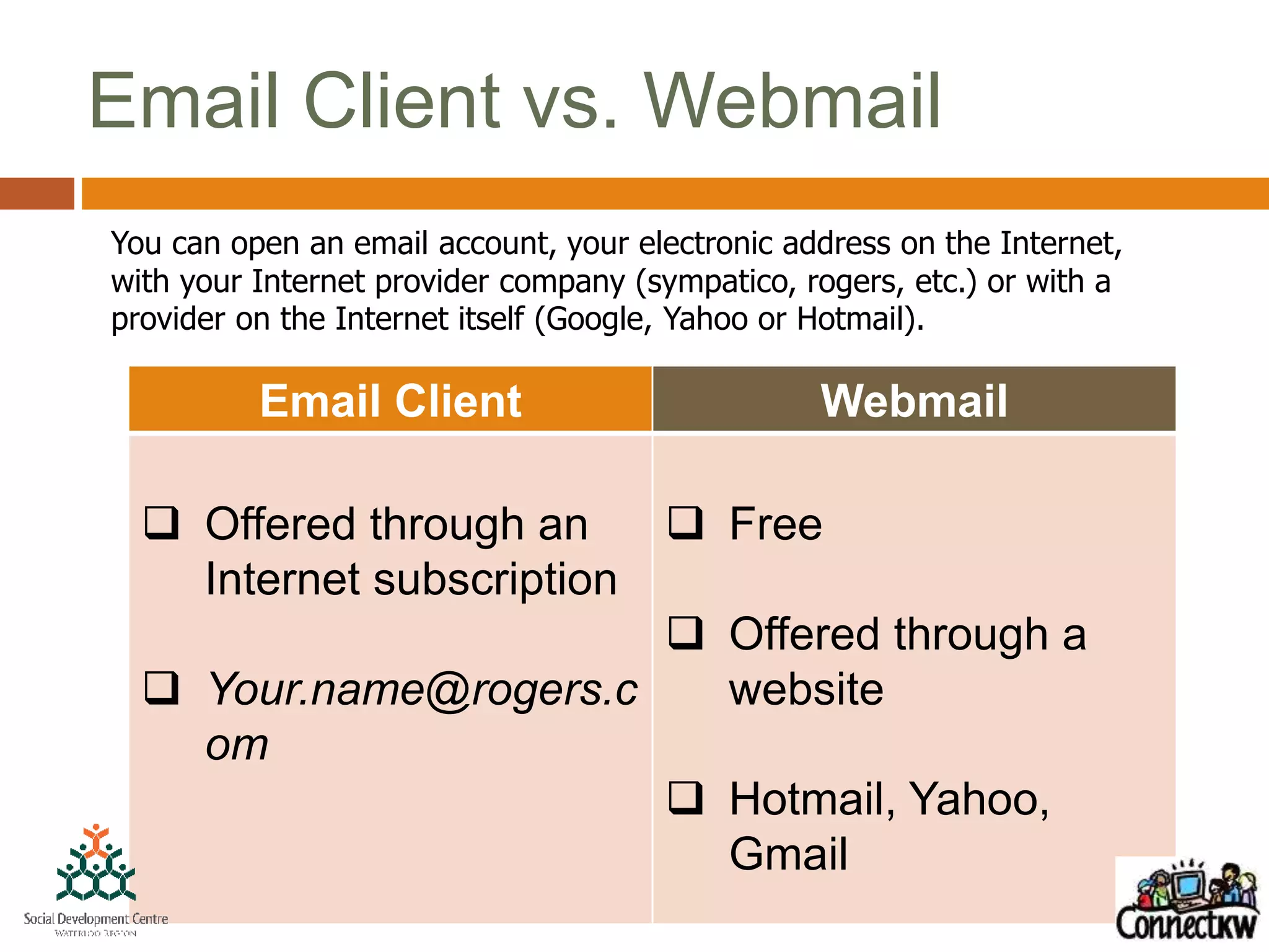 Email Client vs. Webmail
Email Client Webmail
 Offered through an
Internet subscription
 Your.name@rogers.c
om
 Free
 Offered through a
website
 Hotmail, Yahoo,
Gmail
You can open an email account, your electronic address on the Internet,
with your Internet provider company (sympatico, rogers, etc.) or with a
provider on the Internet itself (Google, Yahoo or Hotmail).
 