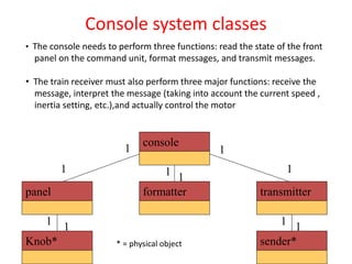 Console system classes
console
panel formatter transmitter
Knob* sender*
1
1
1
11 1
1 1 1 1
• The console needs to perform three functions: read the state of the front
panel on the command unit, format messages, and transmit messages.
• The train receiver must also perform three major functions: receive the
message, interpret the message (taking into account the current speed ,
inertia setting, etc.),and actually control the motor
* = physical object
 