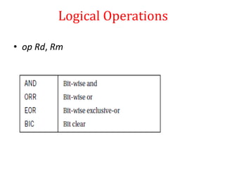 Logical Operations
• op Rd, Rm
 