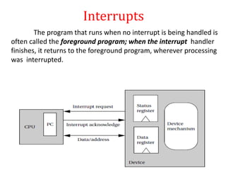 Interrupts
The program that runs when no interrupt is being handled is
often called the foreground program; when the interrupt handler
finishes, it returns to the foreground program, wherever processing
was interrupted.
 