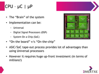 CPU – μC | μP
● The “Brain” of the system
● Implementation can be:
– Universal
– Digital Signal Processors (DSP)
– System On a Chip (SoC)
● “On-the board” v/s “On-the-chip”
● ASIC/SoC tape-out process provides lot of advantages than
using Universal processors
● However it requires huge up-front investment (in terms of
millions!)
 
